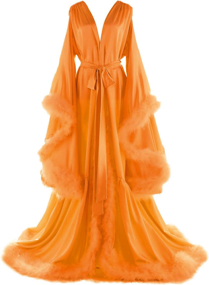 Women's Feather Bridal Robes Old Hollywood Maternity Photoshoot Nightgown Silk Bathrobe Long Lingerie