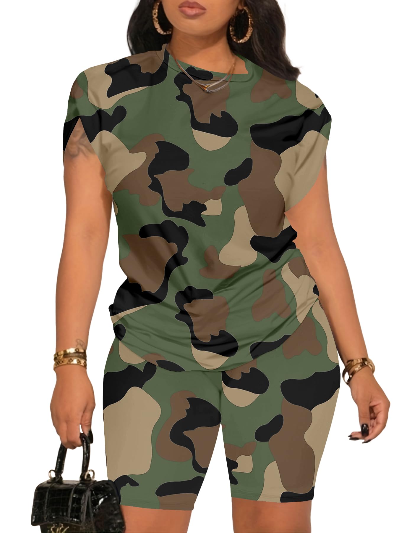 PINSV Women 2 Piece Outfits Summer Sweatsuits Biker Short Workout Jogger Sets