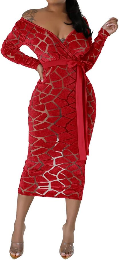 Uni Clau Women Sexy Mesh Velvet Patchwork Midi Dress Long Sleeve See Through Hollow Out Bodycon Party Club Midi Dresses