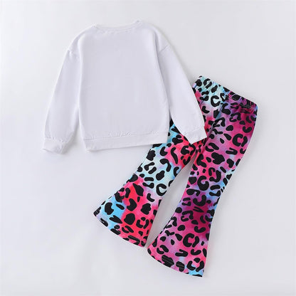 Toddler Girl Clothes Long Sleeve Cartoon & Letter Graphic Top + Fruit Stationery Print Flared Leg Pants