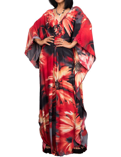 Bsubseach Women Ethnic Print Kaftan Beach Dress Plus Size Swimsuit Cover Up