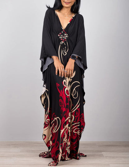 Bsubseach Women Ethnic Print Kaftan Beach Dress Plus Size Swimsuit Cover Up