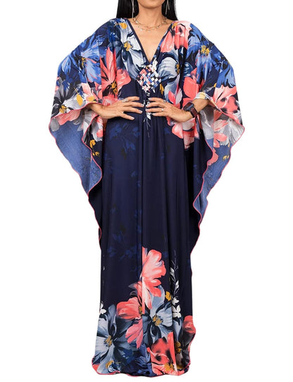 Bsubseach Women Ethnic Print Kaftan Beach Dress Plus Size Swimsuit Cover Up