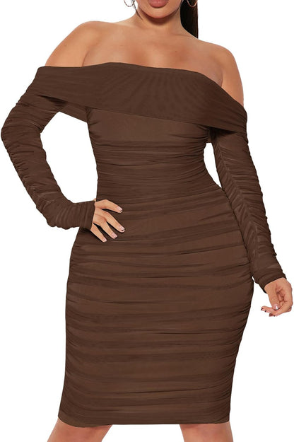 MOEENCN Mesh Long Sleeve Ruched Dress Sexy Off Shoulder Bodycon Women Knee Length Party Date Night Outfits