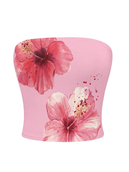 WDIRARA Women's Floral Print Strapless Crop Tube Tops Slim Fit Summer Causal Bandeau Top
