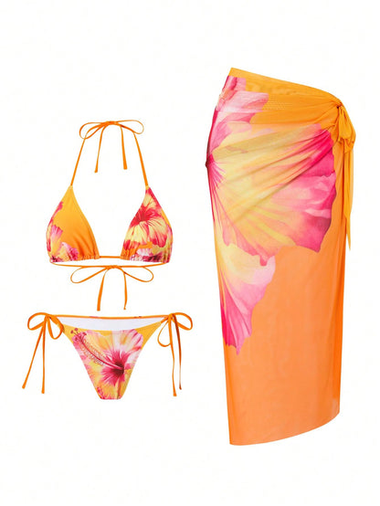 ZAFUL Womens 3pcs Swimsuit Floral Halter Triangle Bikini Top Tie Side Bottom with Long Sheer Cover Up Skirt