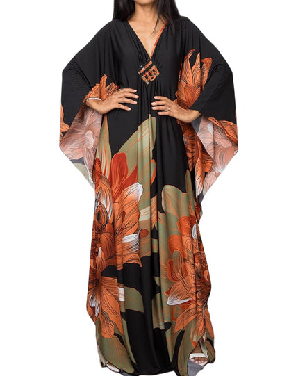 Bsubseach Women Ethnic Print Kaftan Beach Dress Plus Size Swimsuit Cover Up