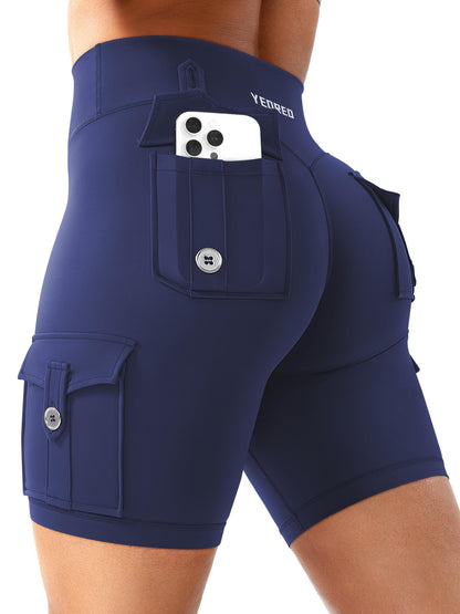YEOREO CoreFlex Women Workout Biker Shorts with Cargo Pockets Hidden Scrunch High Waisted 8" Inseam Gym Shorts