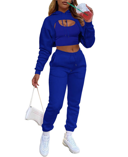Adogirl Women 3 Piece Outfits Tracksuits Set Sexy Long Sleeve Pullover Hoodie Tank Crop Tops Jogger Sweatpants Sweatsuits
