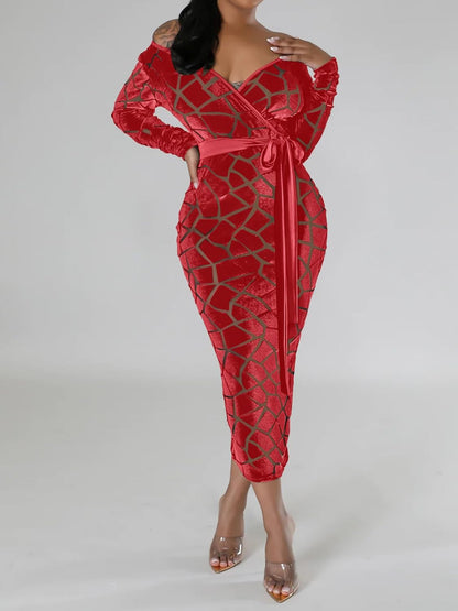 Uni Clau Women Sexy Mesh Velvet Patchwork Midi Dress Long Sleeve See Through Hollow Out Bodycon Party Club Midi Dresses