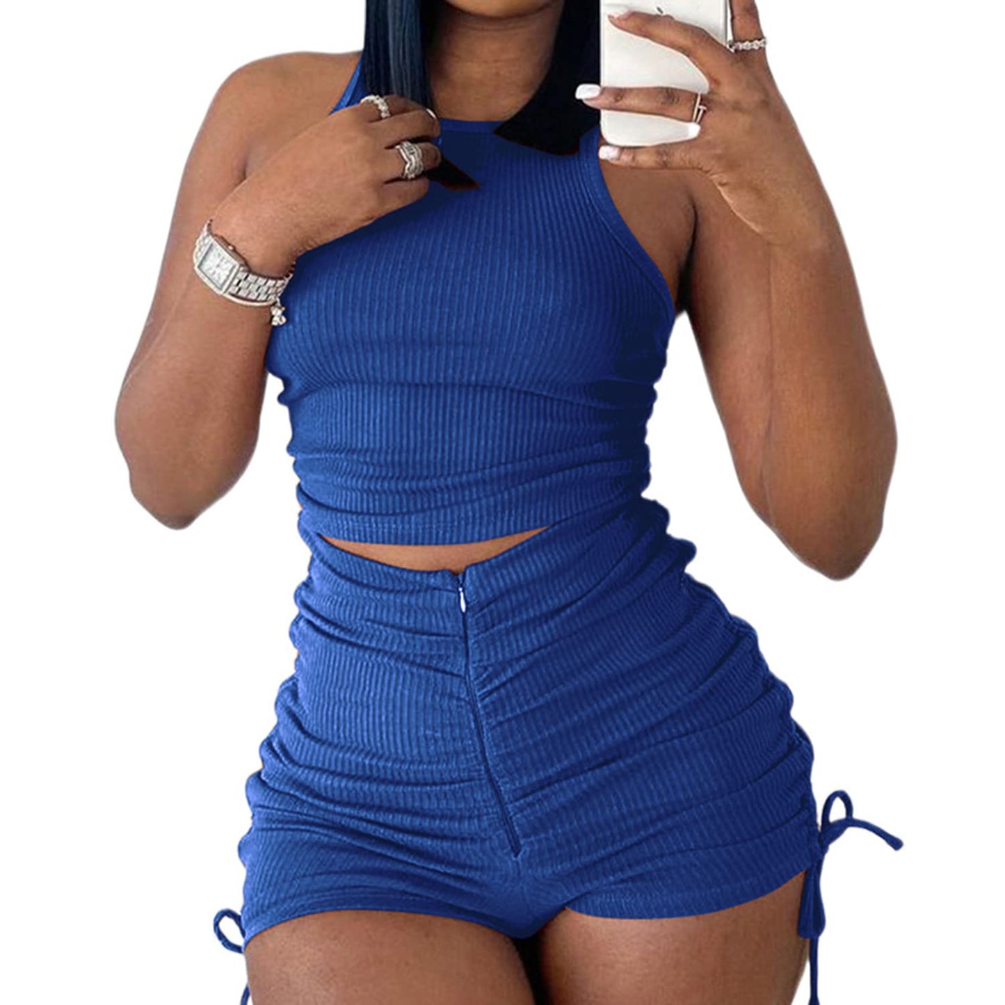 PYAEAS Summer Two Piece Outfits for Women, Casual Stretchy Ribbed Tank Crop Top Ruched Shorts Set Workout Tracksuits