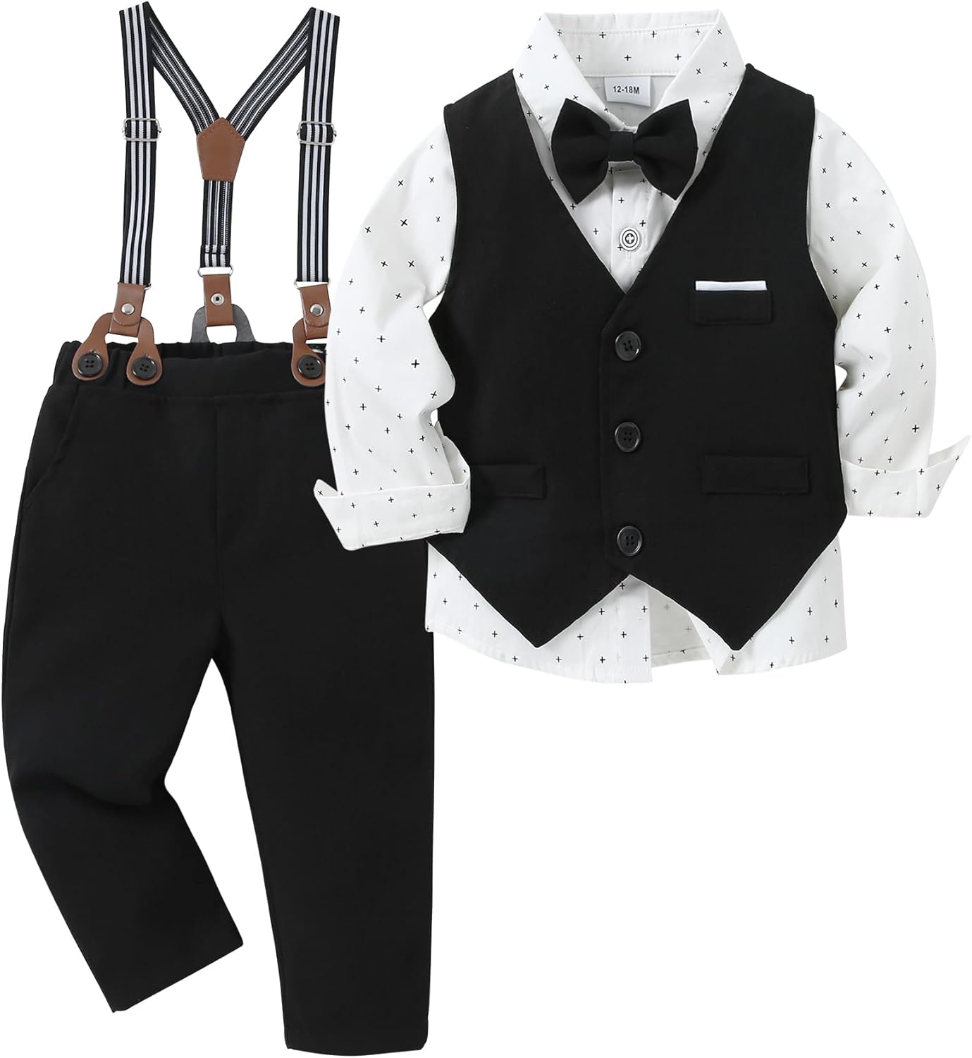ZOEREA Toddler Boy Suit Formal Wedding Outfits Gentleman Clothes Long Sleeve Shirt + Suspender Pants + Bowtie