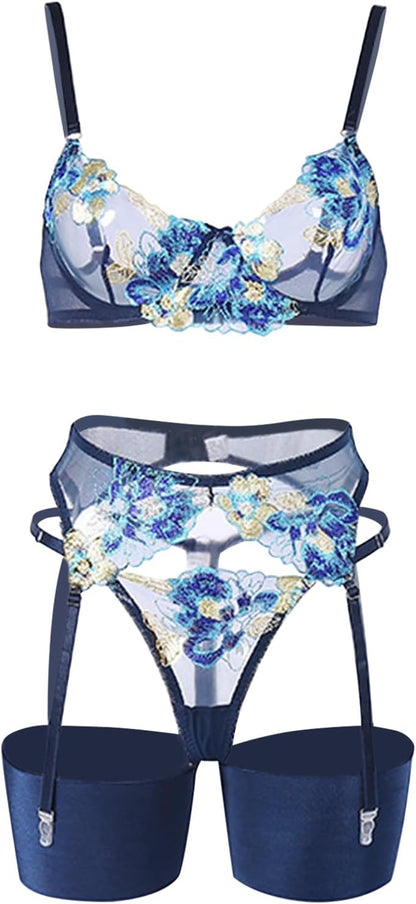 Lilosy Sexy Leaf Floral Embroidered Mesh Sheer Women Underwire Push Up Lingerie Set