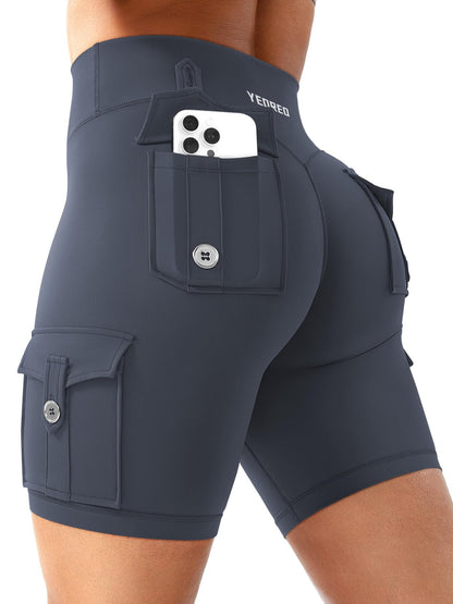 YEOREO CoreFlex Women Workout Biker Shorts with Cargo Pockets Hidden Scrunch High Waisted 8" Inseam Gym Shorts