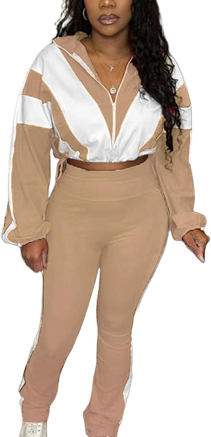 Women 2 Piece Outfit Long Sleeve Zip Up Crop Jacket High Waist Stretchy Pants