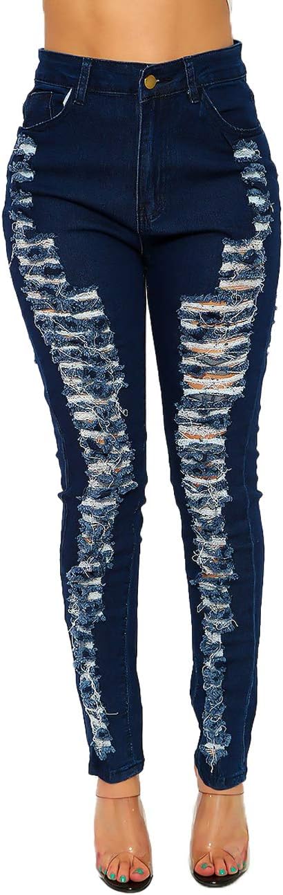 Women's Skinny Ripped Jeans Stretch Destroyed Mid High Waist Denim Pants