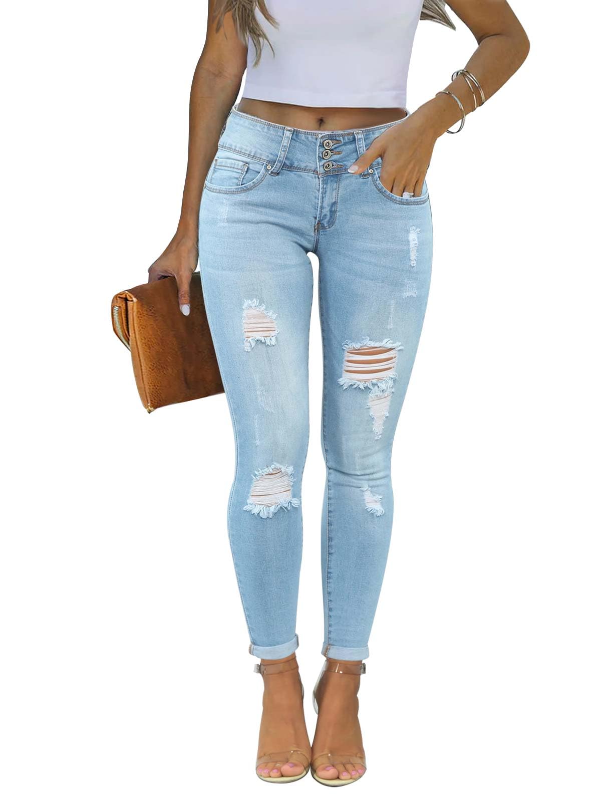 KUNMI Women's Skinny Ripped Trendy Jeans Distressed Stretchy Denim Pants