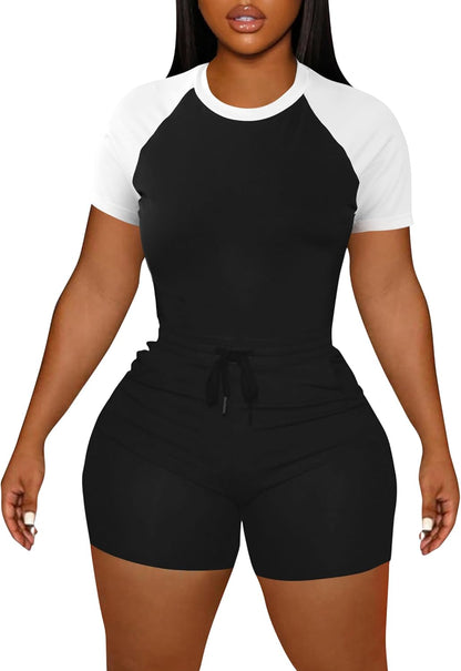 LovelyWholesale Women's Summer 2 Piece Outfits Skinny Shorts Tracksuit Sets