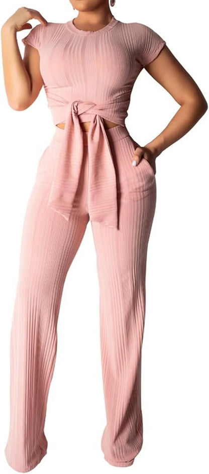 EDITCOZY Women 2 Piece Outfits Sexy Tie Front Crop Top Wide Leg Pants Sets Casual Summer Ribbed Two Piece Set