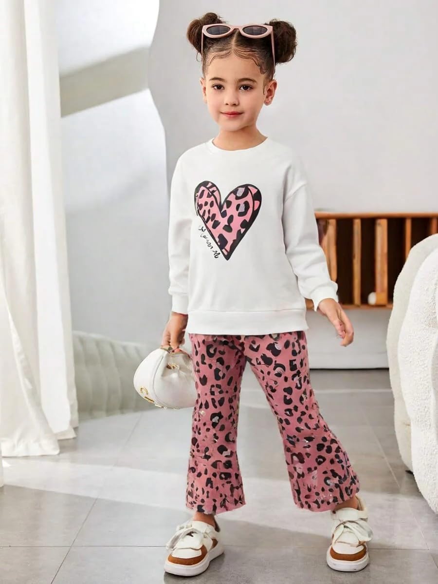 Toddler Girl Clothes Long Sleeve Cartoon & Letter Graphic Top + Fruit Stationery Print Flared Leg Pants