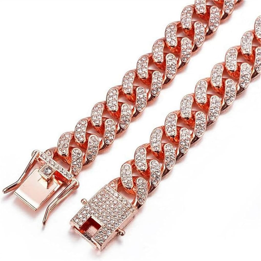 Bling Dog Collars for Small Dogs,Dog Chain Collars, Diamond Necklace Metal Choke Cuban Link Dog Collar, 13mm Wide Pet Jewelry for Puppy Small Medium Large Dogs Cats Rose Gold (8inch)