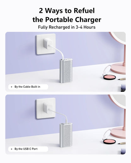 VEGER Compact Portable Charger with Built in Cable(Removable), 10000mAh Cute Power Bank 20W Fast Charging, Sparkling Battery Pack Fashion Travel Accessory Compatible with iPhone 15/14, Android-Purple