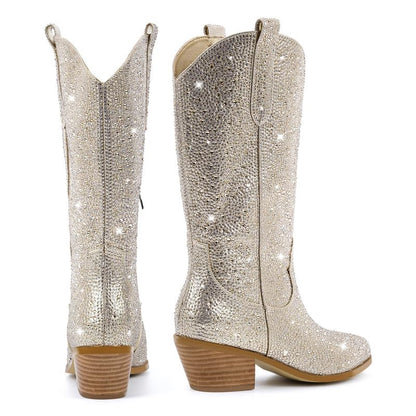 Richealnana Sparkly Rhinestones Cowboy Cowgirl Style Boots Calf High Boots for Women 2INCH Heeled Shining Pull On Tabs