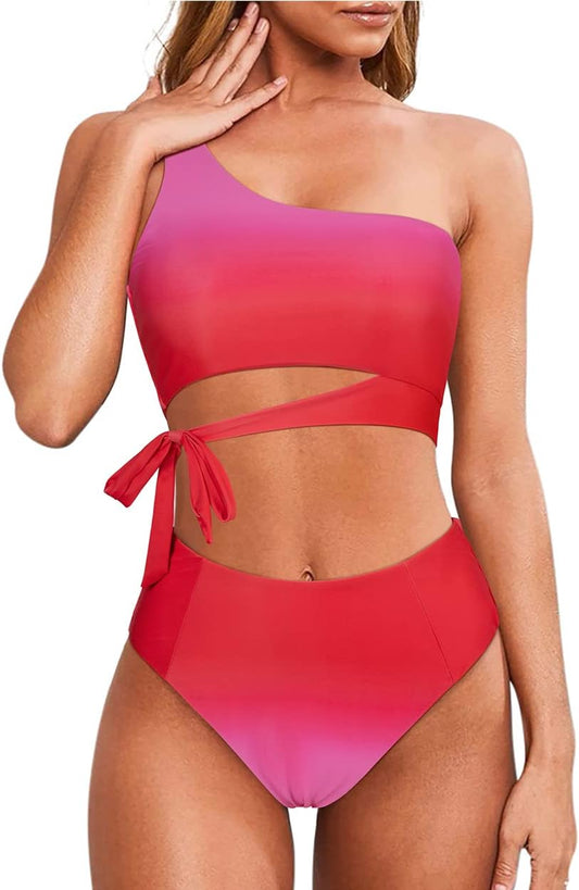 MOOSLOVER Women One Shoulder High Waisted Bikini Tie High Cut Two Piece Swimsuits