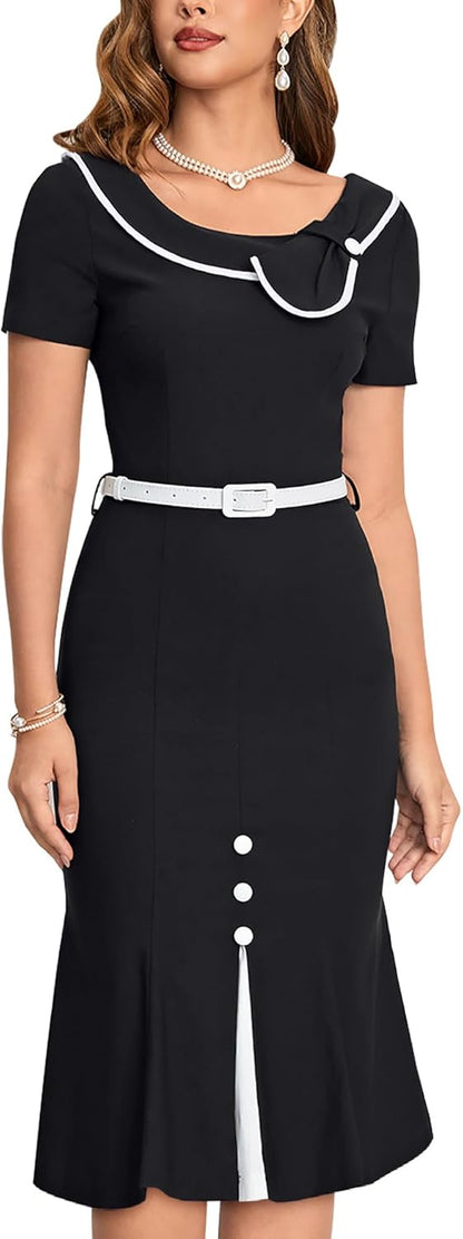 MUXXN Women's Retro 60s Sailor Collar Short Sleeve Pinup Cocktail Work Mermaid Dress with Belt