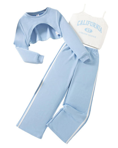 Girls 3 Piece Outfits Long Sleeve Crop Shirts & Cami Tops & Sweatpants Sets Fall Clothes Size 8-12Y