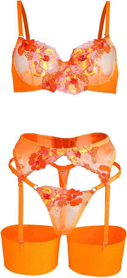 Lilosy Sexy Leaf Floral Embroidered Mesh Sheer Women Underwire Push Up Lingerie Set