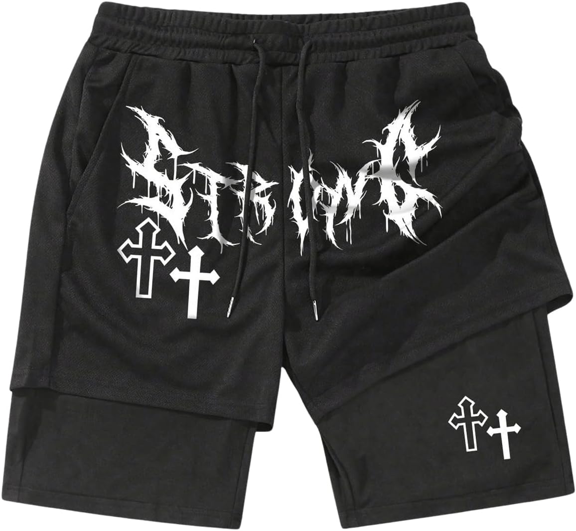 Men's Graphic Shorts with Liner Cross Print Drawstring 2 in 1 Gym Track Bottoms