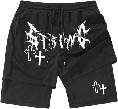 Men's Graphic Shorts with Liner Cross Print Drawstring 2 in 1 Gym Track Bottoms