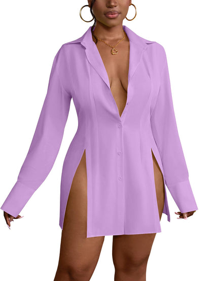 LYANER Women's Button Down Shirt Dress Collar V Neck Long Sleeve Slit Sexy Shirt Dresses
