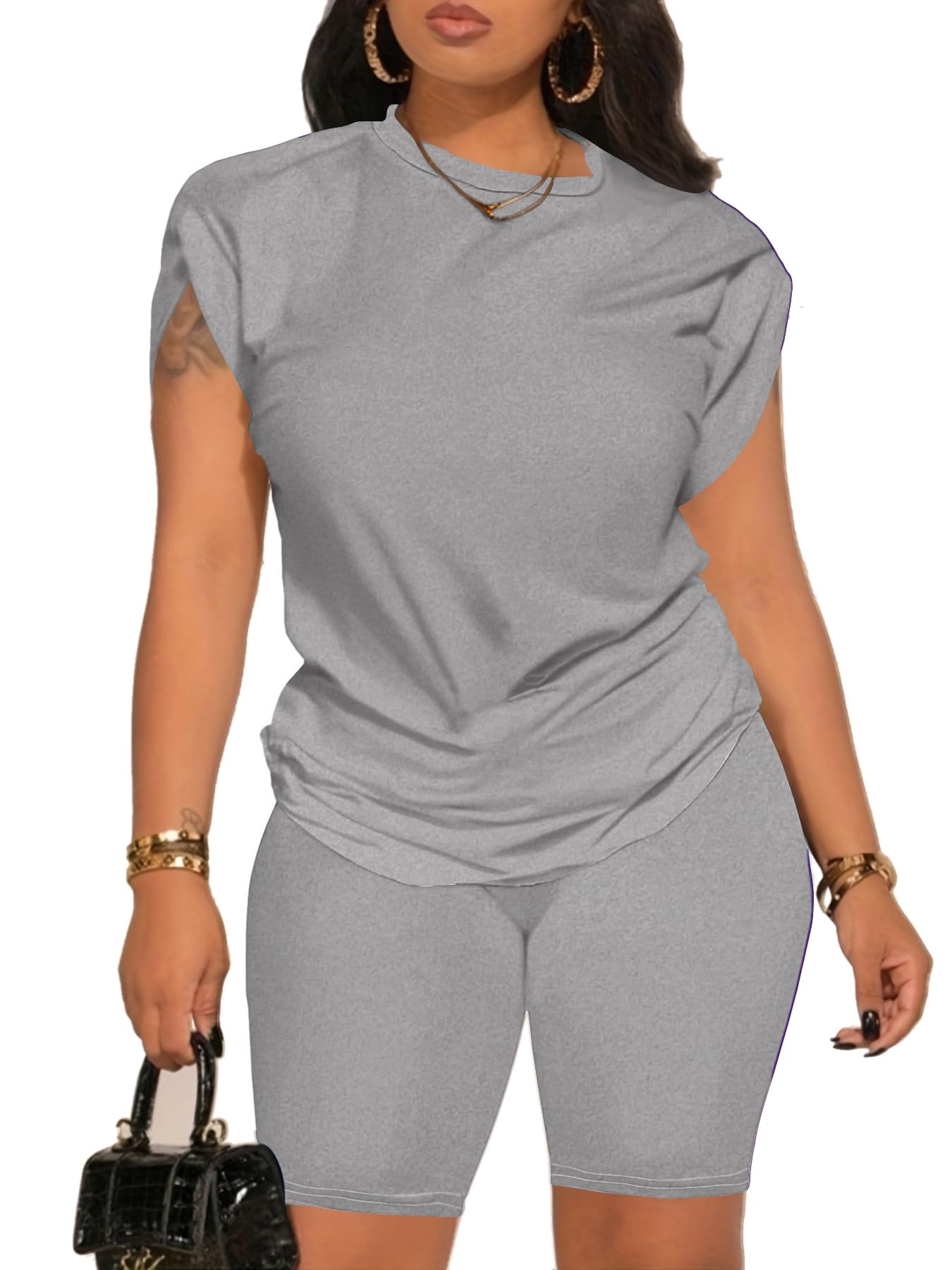 PINSV Women 2 Piece Outfits Summer Sweatsuits Biker Short Workout Jogger Sets