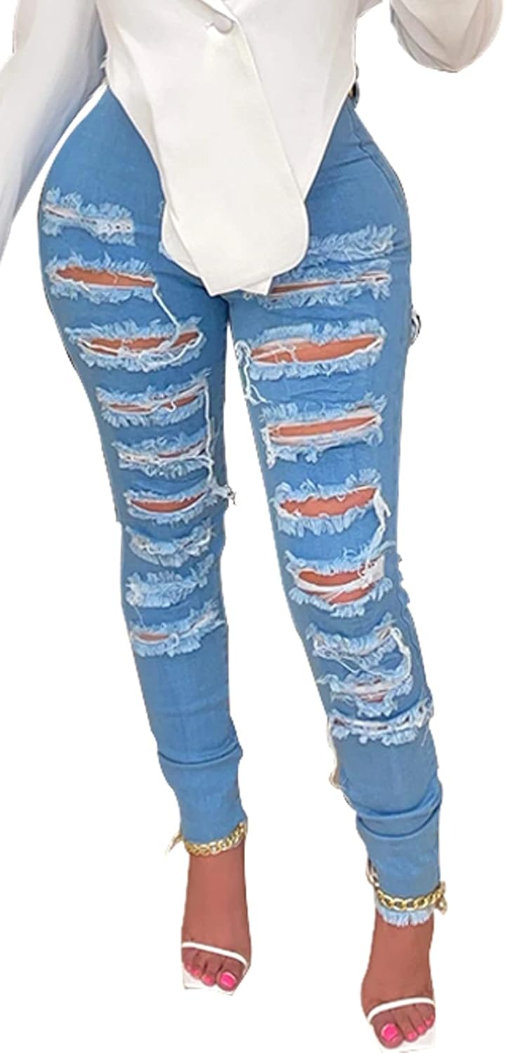 Women's Skinny Ripped Jeans Stretch Destroyed Mid High Waist Denim Pants