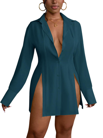 LYANER Women's Button Down Shirt Dress Collar V Neck Long Sleeve Slit Sexy Shirt Dresses
