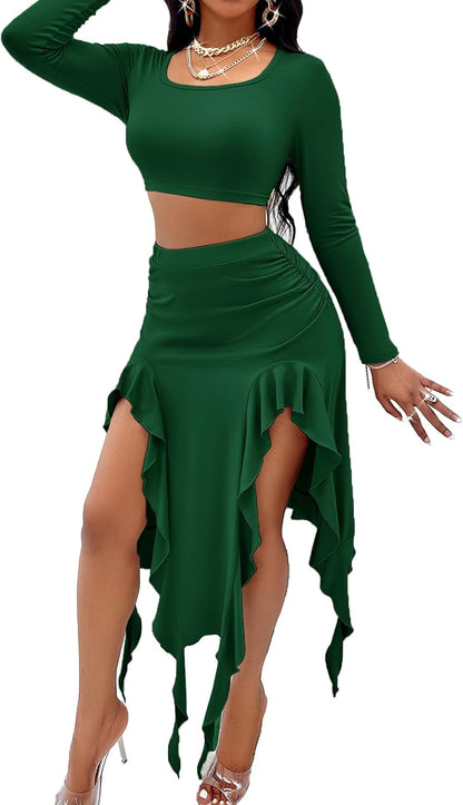 BARASA Women Summer 2 Piece Skirt Sets Comfy Ruffle Trim Irregular Split Sexy Y2k Club Party Tops Jellyfish Skirt Suits S69