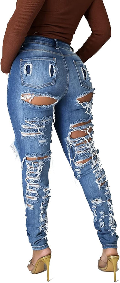 Women's Skinny Ripped Jeans Stretch Destroyed Mid High Waist Denim Pants