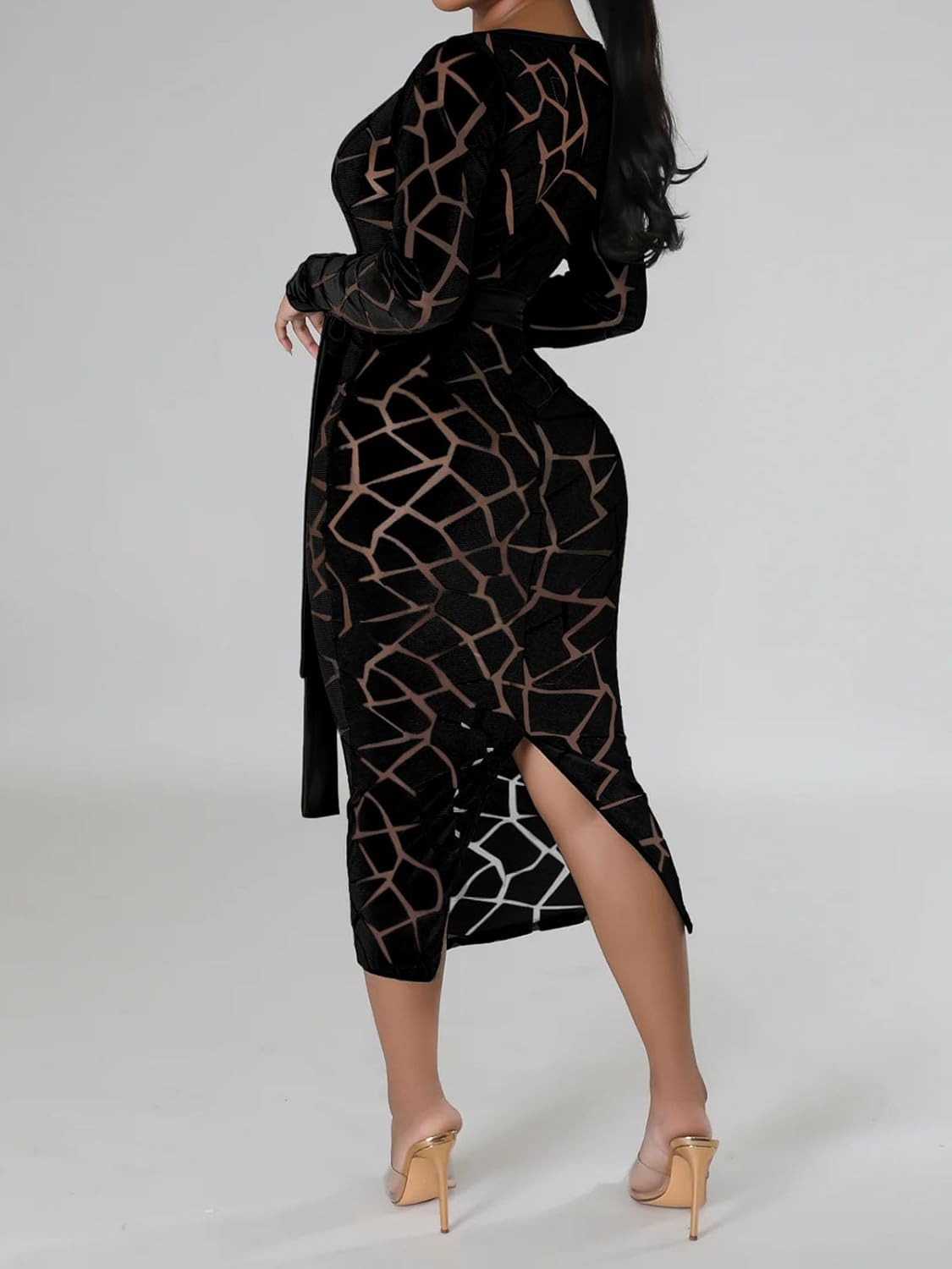Uni Clau Women Sexy Mesh Velvet Patchwork Midi Dress Long Sleeve See Through Hollow Out Bodycon Party Club Midi Dresses