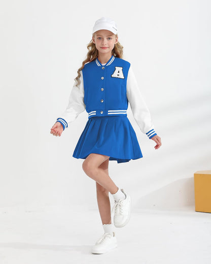 Girls 2 Piece Outfits Skirt Set Button up Jacket Sweatshirt and Pleated Mini Skirts Fall Winter Clothes Size 7-14Y