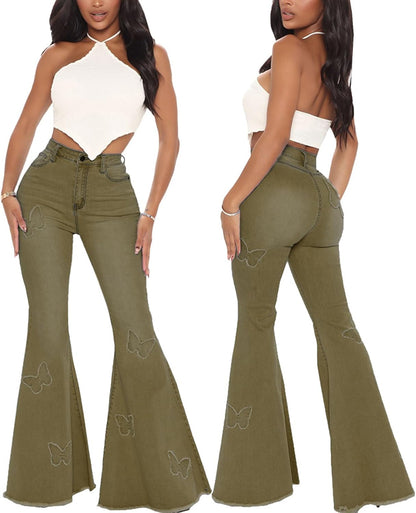 Women's Bell Bottom Jeans Classic Destoryed Ripped Flare Jeans Elastic Waist Raw Hem Denim Pants