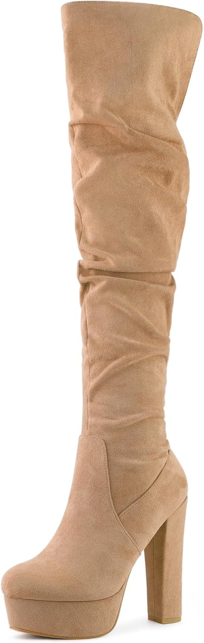 Allegra K Women's Platform Round Toe Zipper Slouch Heel Over the Knee Thigh High Boots