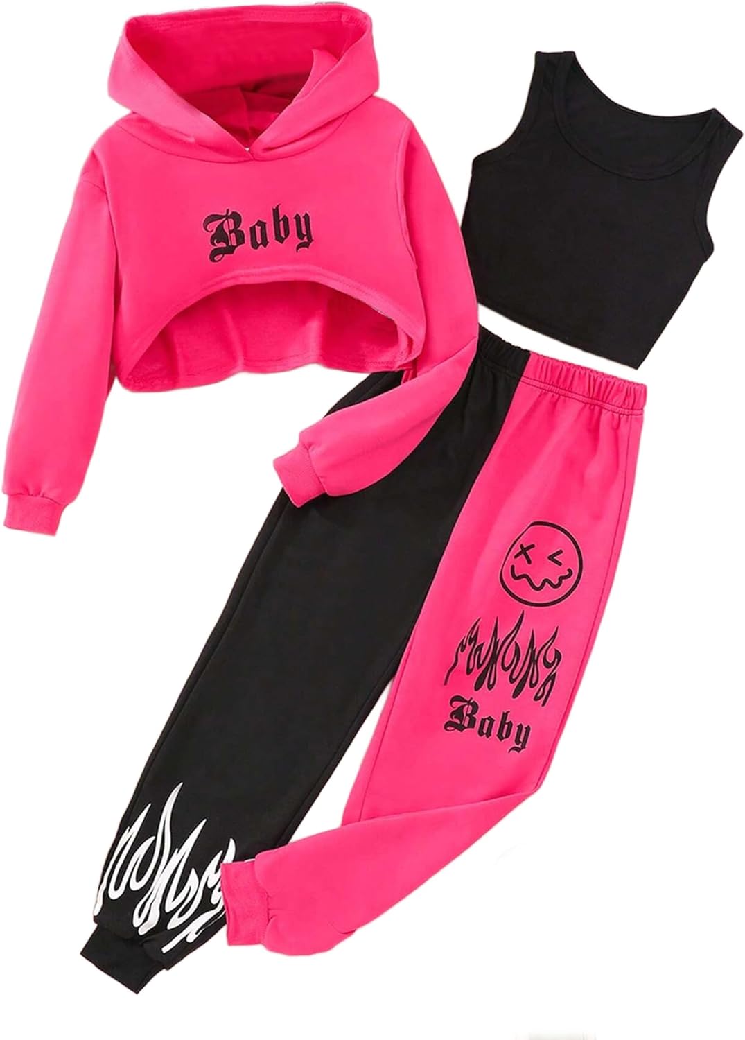Hilinker Girls Graphic 3 Piece Outfits Workout Crop Hoodie Ribbed Tank and Sweatpants Set