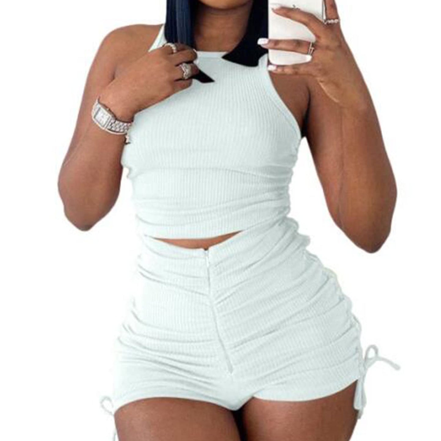 PYAEAS Summer Two Piece Outfits for Women, Casual Stretchy Ribbed Tank Crop Top Ruched Shorts Set Workout Tracksuits