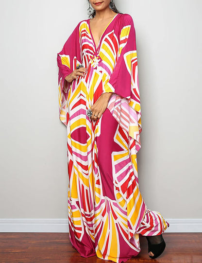 Bsubseach Women Ethnic Print Kaftan Beach Dress Plus Size Swimsuit Cover Up