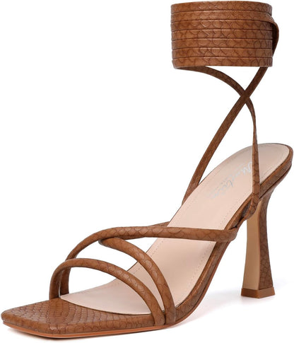 Mostrin Womens Sandals Strappy Heels for Women Lace Up Square Open Toe Heels Tie Up High Heeled Sandals for Prom, Party, Daily Wear
