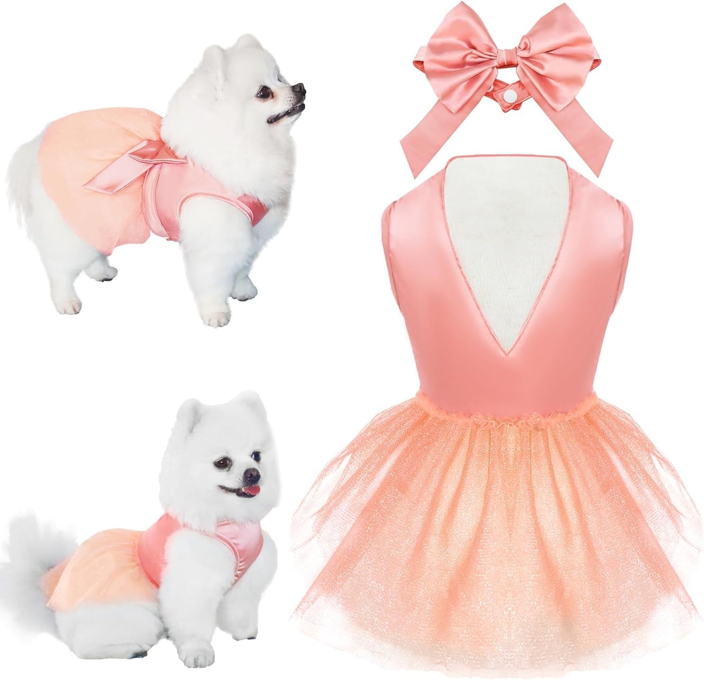 Dog Dresses, Puppy Soft Skirt, Summer Pet Clothes, Girl Dogs Wedding Outfit, Puppy Slik Outfit with Bow Tie, Dog Princess Clothes for Small Medium Breeds, White L