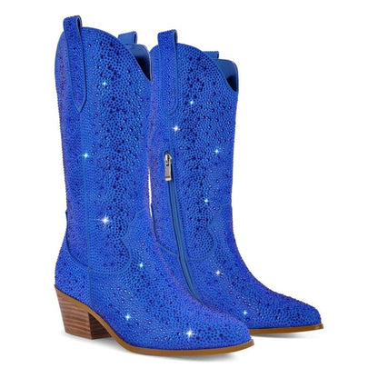Richealnana Sparkly Rhinestones Cowboy Cowgirl Style Boots Calf High Boots for Women 2INCH Heeled Shining Pull On Tabs