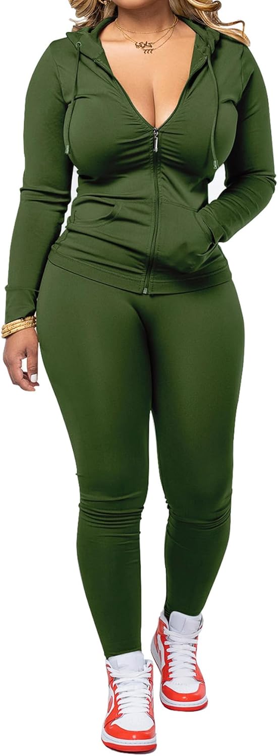 PINSV Women Two Piece Outfits Workout Sets Bodycon Tracksuit Long Sleeve Zip Up Hoodie Jacket Jogger Matching Sweat Pants Set